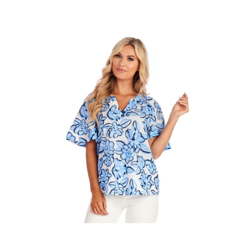 NWT Mud Pie Anderson Top Cotton Boxy Blouse Blue White Floral Size Small